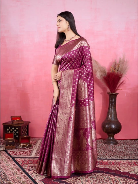 Women's Banarasi Silk Printed Saree With Unstitched Blouse 5.5Mtr (Wine)