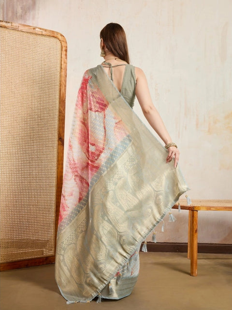 Women's Viscose Printed Saree With Unstitched Blouse 5.5Mtr (Cream)