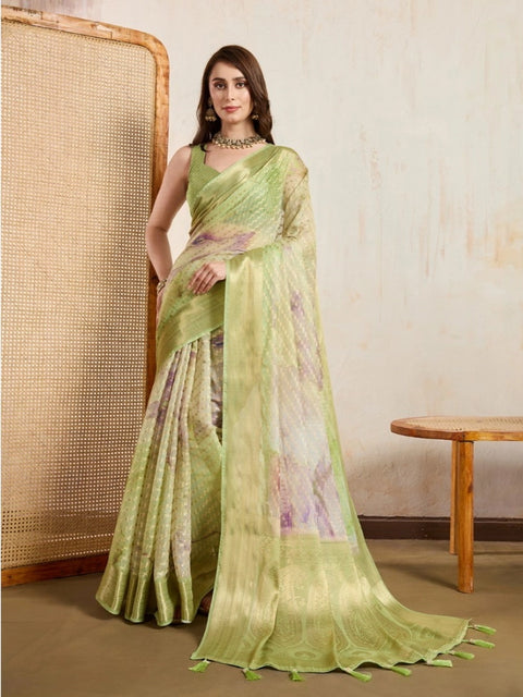 Women's Viscose Printed Saree With Unstitched Blouse 5.5Mtr (Light Green)