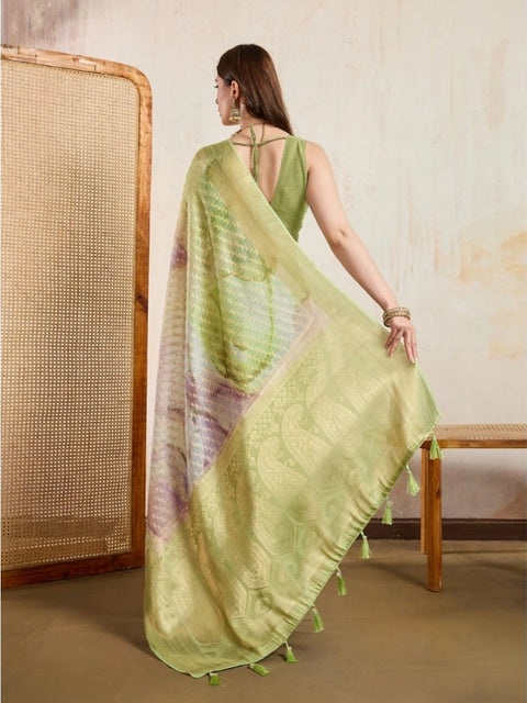 Women's Viscose Printed Saree With Unstitched Blouse 5.5Mtr (Light Green)