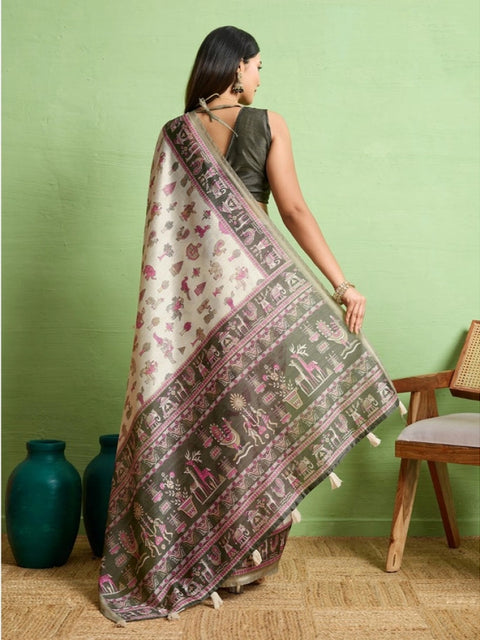 Women's Silk Blend Printed Saree With Unstitched Blouse 5.5Mtr (Off White)