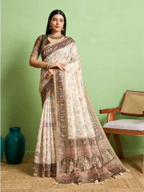 Women's Silk Blend Printed Saree With Unstitched Blouse 5.5Mtr (Cream)