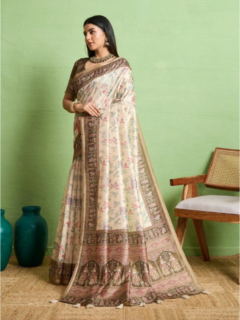 Women's Silk Blend Printed Saree With Unstitched Blouse 5.5Mtr (Cream)