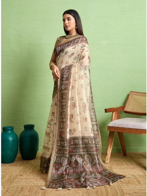 Women's Silk Blend Printed Saree With Unstitched Blouse 5.5Mtr (Cream)