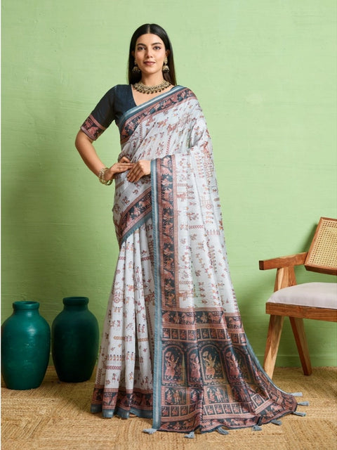 Women's Silk Blend Printed Saree With Unstitched Blouse 5.5Mtr (Grey)