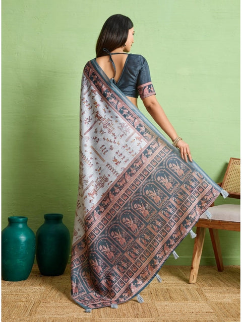 Women's Silk Blend Printed Saree With Unstitched Blouse 5.5Mtr (Grey)