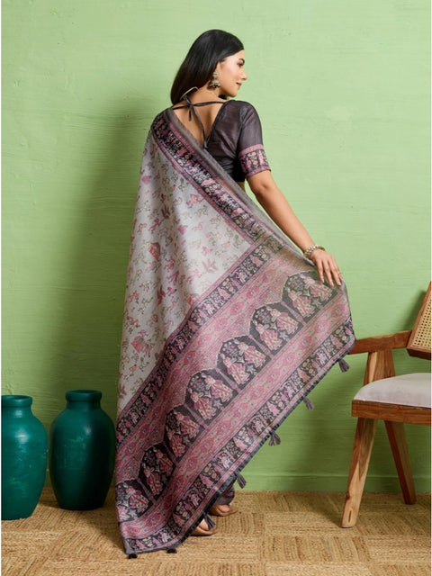 Women's Silk Blend Printed Saree With Unstitched Blouse 5.5Mtr (Grey)