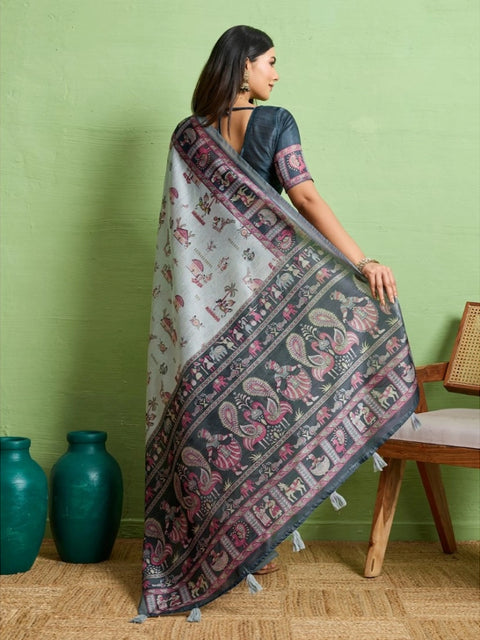 Women's Silk Blend Printed Saree With Unstitched Blouse 5.5Mtr (Grey)