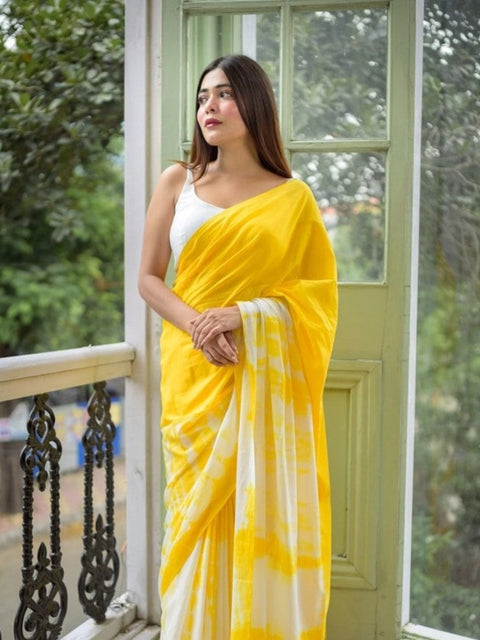 Women's Linen Printed Saree With Unstitched Blouse 5.5Mtr (Yellow)