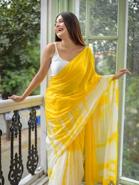 Women's Linen Printed Saree With Unstitched Blouse 5.5Mtr (Yellow)