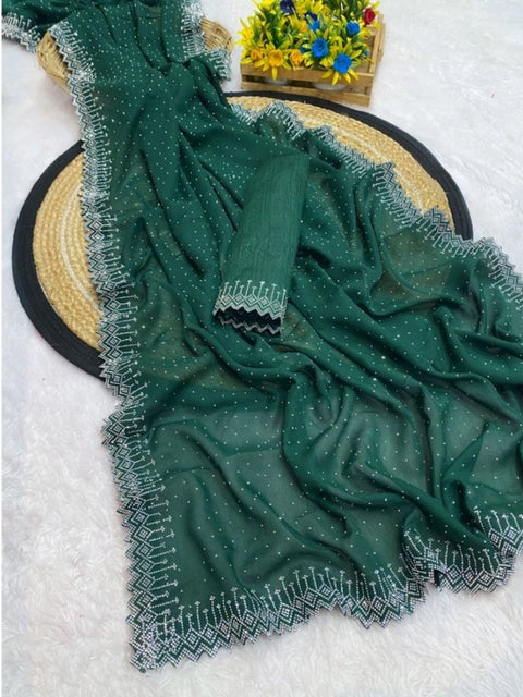 Women's Georgette Stone Work Saree With Unstitched Blouse 5.5Mtr (Green)