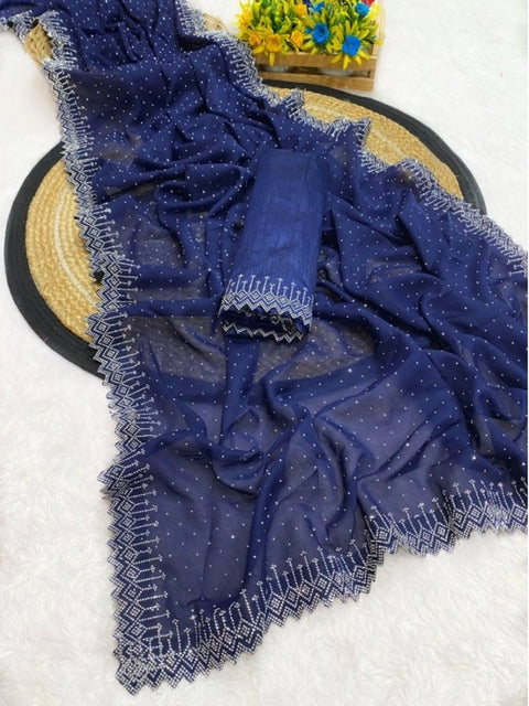 Women's Georgette Stone Work Saree With Unstitched Blouse 5.5Mtr (Blue)