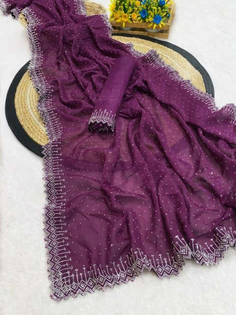 Women's Georgette Stone Work Saree With Unstitched Blouse 5.5Mtr (Purple)