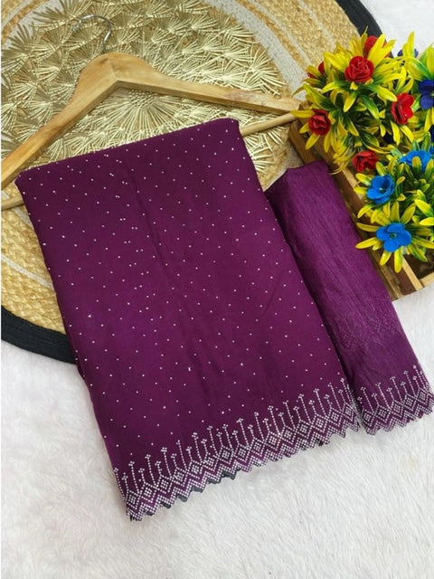 Women's Georgette Stone Work Saree With Unstitched Blouse 5.5Mtr (Purple)