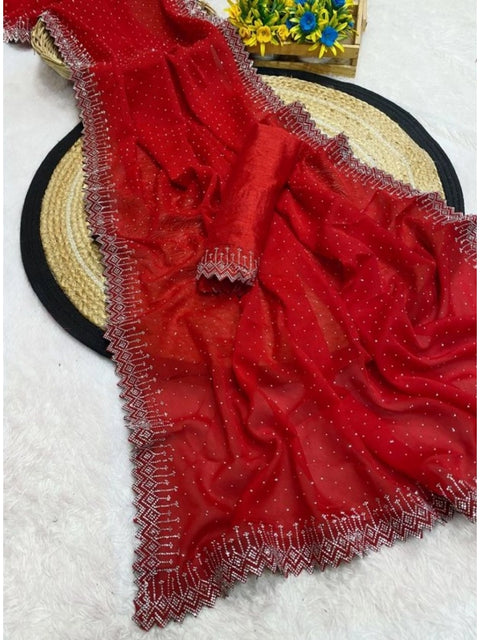 Women's Georgette Stone Work Saree With Unstitched Blouse 5.5Mtr (Red)