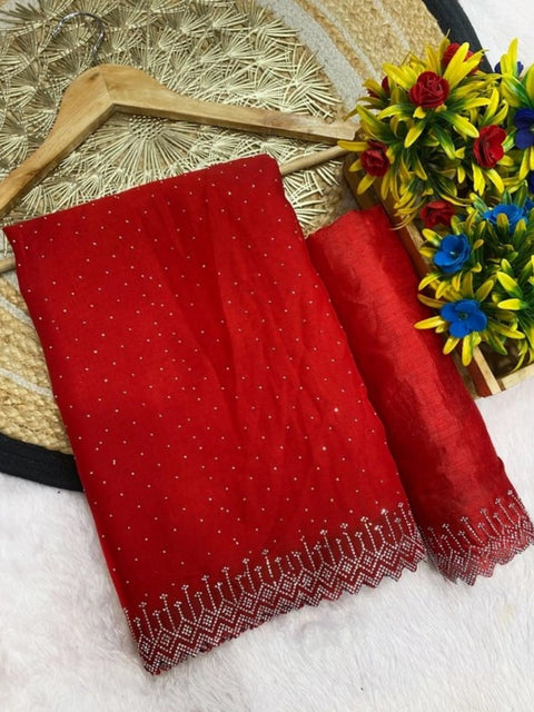 Women's Georgette Stone Work Saree With Unstitched Blouse 5.5Mtr (Red)
