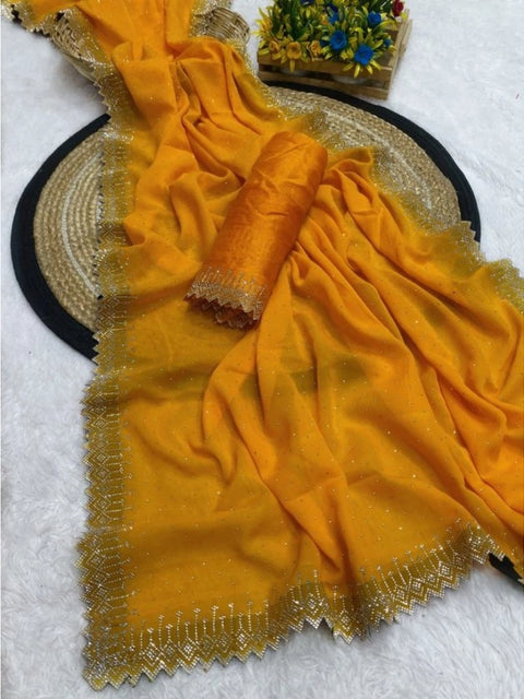 Women's Georgette Stone Work Saree With Unstitched Blouse 5.5Mtr (Yellow)