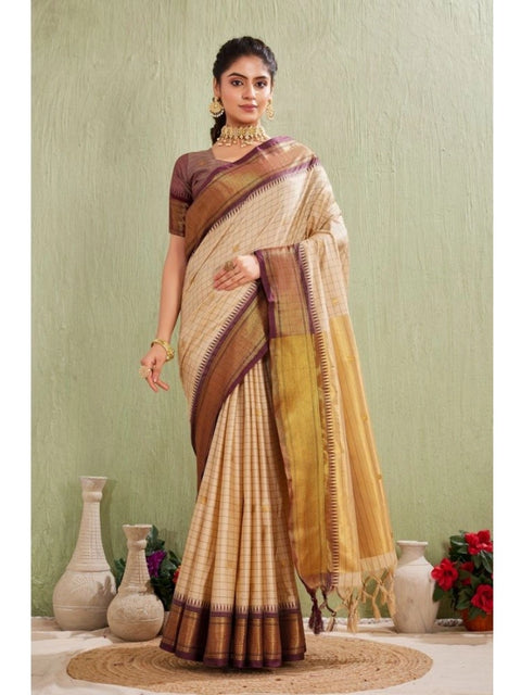 Women's Silk Blended Jaquard Woven Saree With Unstitched Blouse 5.5Mtr (Beige)