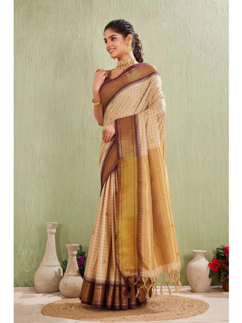 Women's Silk Blended Jaquard Woven Saree With Unstitched Blouse 5.5Mtr (Beige)