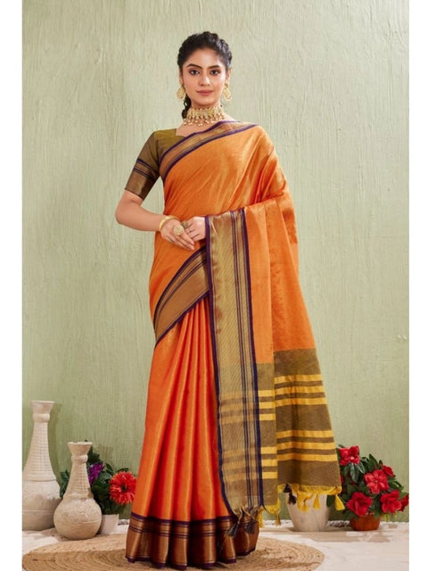 Women's Silk Blended Jaquard Woven Saree With Unstitched Blouse 5.5Mtr (Orange)