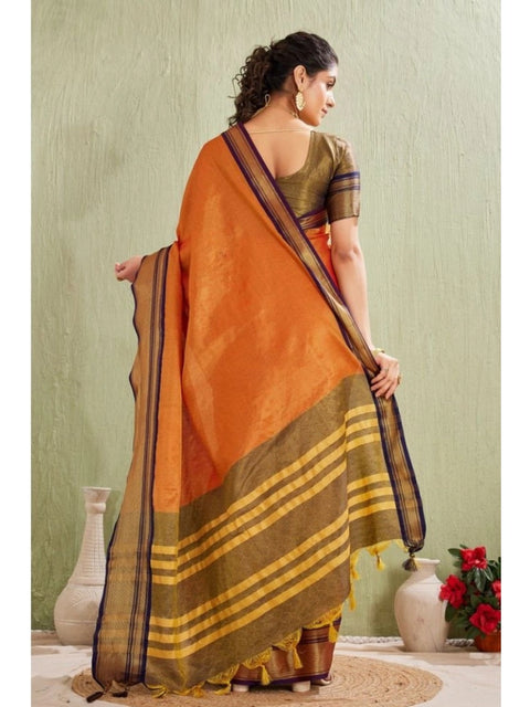 Women's Silk Blended Jaquard Woven Saree With Unstitched Blouse 5.5Mtr (Orange)