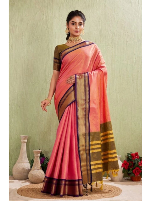 Women's Silk Blended Jaquard Woven Saree With Unstitched Blouse 5.5Mtr (Pink)