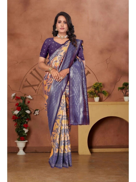 Women's Banarasi Silk Jaquard Woven Saree With Unstitched Blouse 5.5Mtr (Orange)