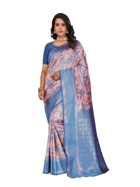 Women's Banarasi Silk Jaquard Woven Saree With Unstitched Blouse 5.5Mtr (Pink)