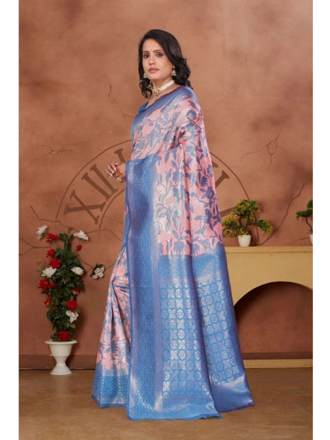 Women's Banarasi Silk Jaquard Woven Saree With Unstitched Blouse 5.5Mtr (Pink)