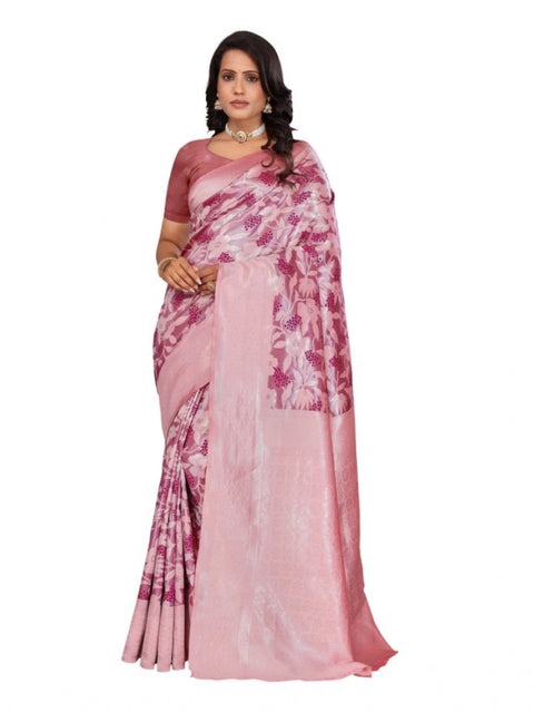 Women's Banarasi Silk Jaquard Woven Saree With Unstitched Blouse 5.5Mtr (Pink)