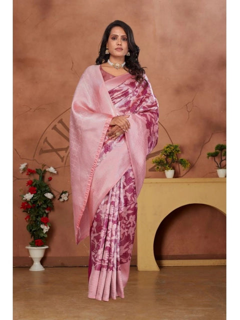 Women's Banarasi Silk Jaquard Woven Saree With Unstitched Blouse 5.5Mtr (Pink)