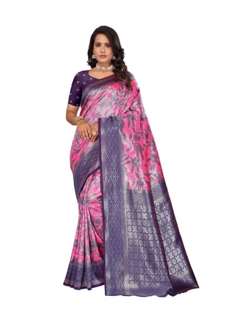 Women's Banarasi Silk Jaquard Woven Saree With Unstitched Blouse 5.5Mtr (Pink)