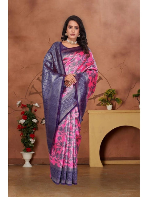 Women's Banarasi Silk Jaquard Woven Saree With Unstitched Blouse 5.5Mtr (Pink)