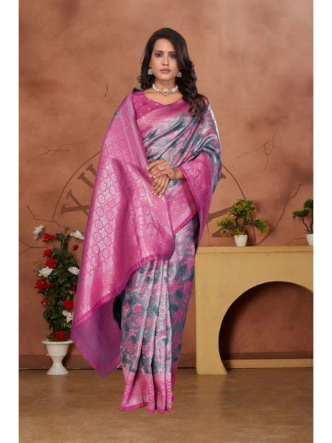 Women's Banarasi Silk Jaquard Woven Saree With Unstitched Blouse 5.5Mtr (Pink)