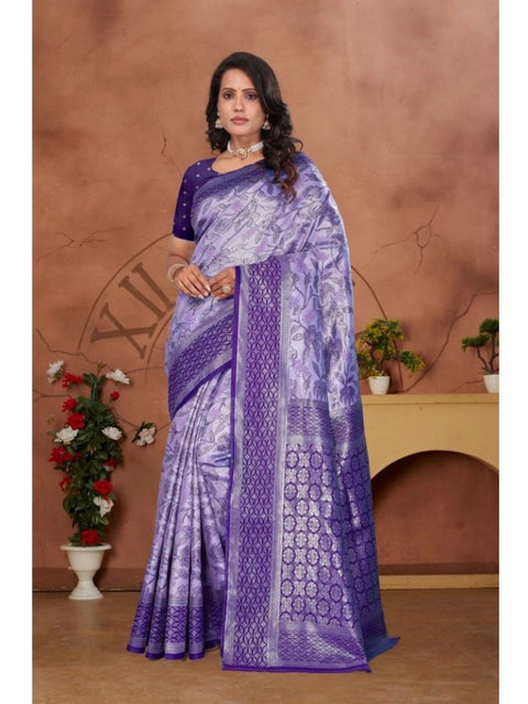 Women's Banarasi Silk Jaquard Woven Saree With Unstitched Blouse 5.5Mtr (Purple)