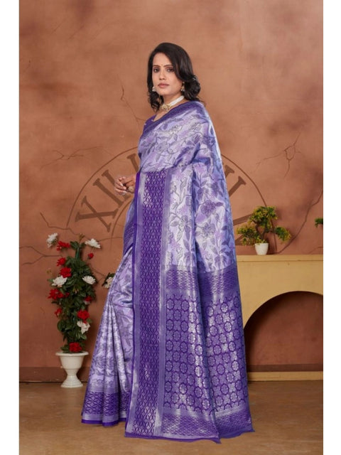 Women's Banarasi Silk Jaquard Woven Saree With Unstitched Blouse 5.5Mtr (Purple)