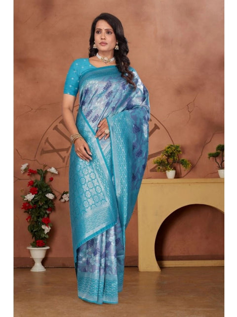Women's Banarasi Silk Jaquard Woven Saree With Unstitched Blouse 5.5Mtr (Light Blue)