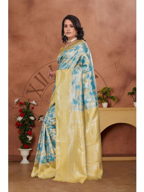 Women's Banarasi Silk Jaquard Woven Saree With Unstitched Blouse 5.5Mtr (Yellow)
