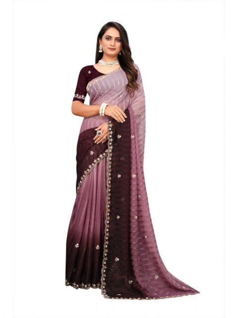 Women's Chiffon Embroidred Saree With Unstitched Blouse 5.5Mtr (Beige)