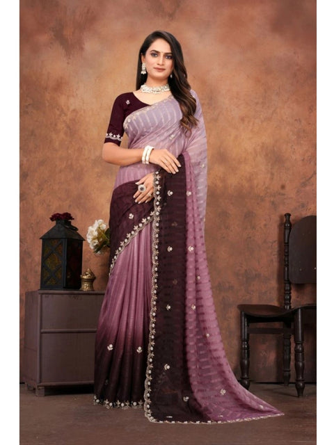 Women's Chiffon Embroidred Saree With Unstitched Blouse 5.5Mtr (Beige)