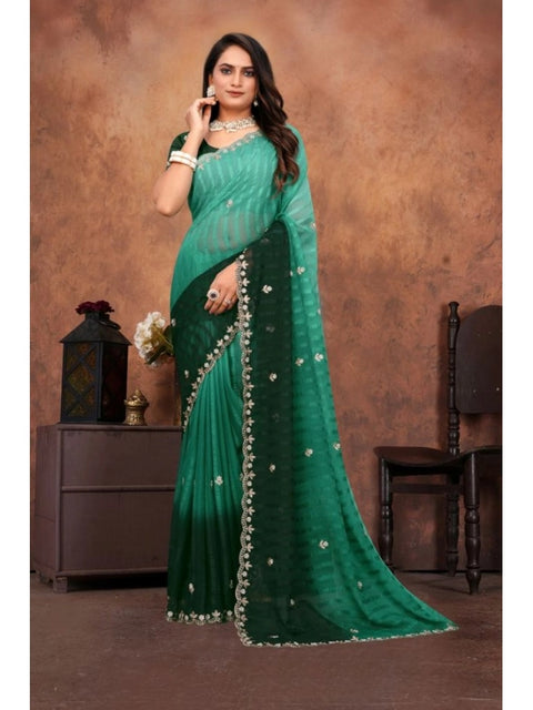Women's Chiffon Embroidred Saree With Unstitched Blouse 5.5Mtr (Dark Green)