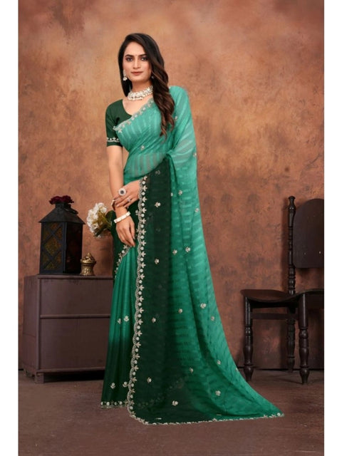 Women's Chiffon Embroidred Saree With Unstitched Blouse 5.5Mtr (Dark Green)
