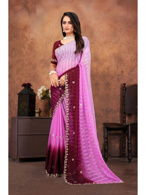 Women's Chiffon Embroidred Saree With Unstitched Blouse 5.5Mtr (Pink)
