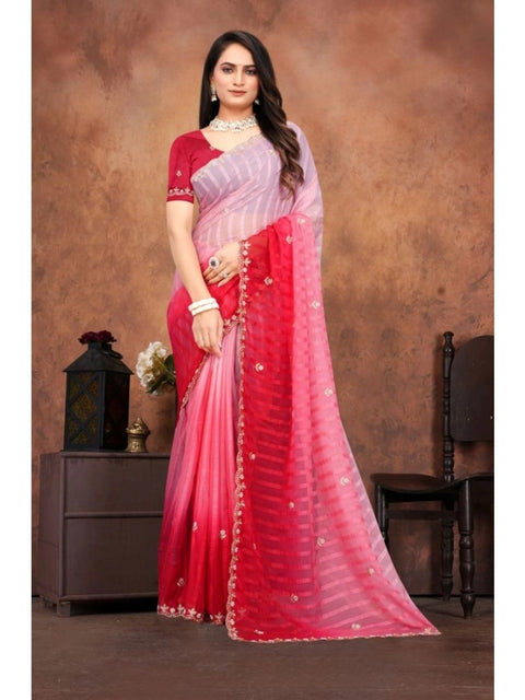 Women's Chiffon Embroidred Saree With Unstitched Blouse 5.5Mtr (Pink)