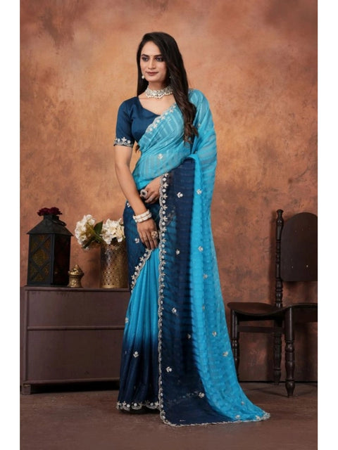 Women's Chiffon Embroidred Saree With Unstitched Blouse 5.5Mtr (Light Blue)