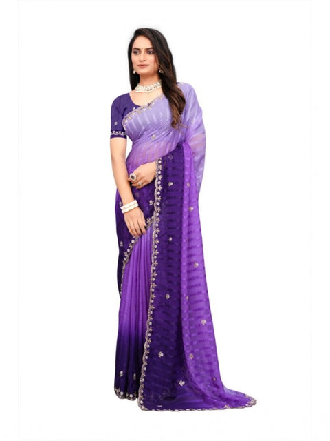 Women's Chiffon Embroidred Saree With Unstitched Blouse 5.5Mtr (Purple)