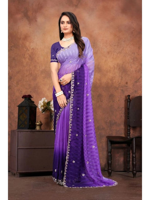 Women's Chiffon Embroidred Saree With Unstitched Blouse 5.5Mtr (Purple)