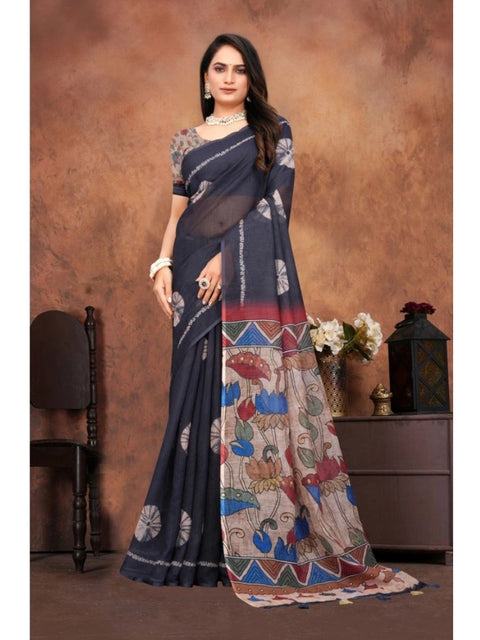 Women's Linen Printed Saree With Unstitched Blouse 5.5Mtr (Black)