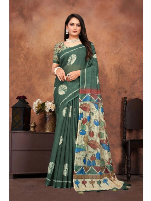 Women's Linen Printed Saree With Unstitched Blouse 5.5Mtr (Dark Green)