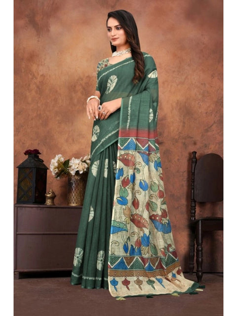 Women's Linen Printed Saree With Unstitched Blouse 5.5Mtr (Dark Green)